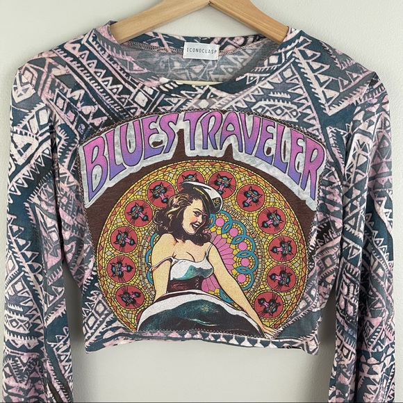 Custom Reworked Bohemian Bell Sleeve Blues Traveler Pin Up Girl Graphic Crop Top - Picture 2 of 7